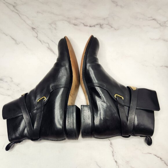 Michael Kors Arley Black Leather Ankle Boots Riding Booties Gold Hardwear 7.5 - Picture 4 of 6